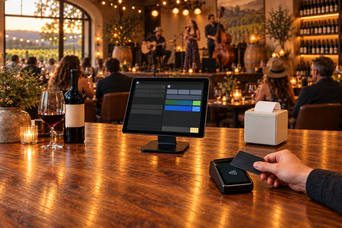 A winery tasting room bar with an iPad box office, a card reader and a receipt printer as a customer taps a card, a band playing on a small stage behind