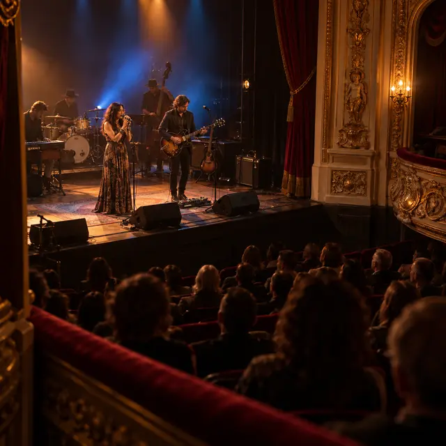 Mock event page on a venue-branded ticketing site, showing a band on stage seen from the balcony