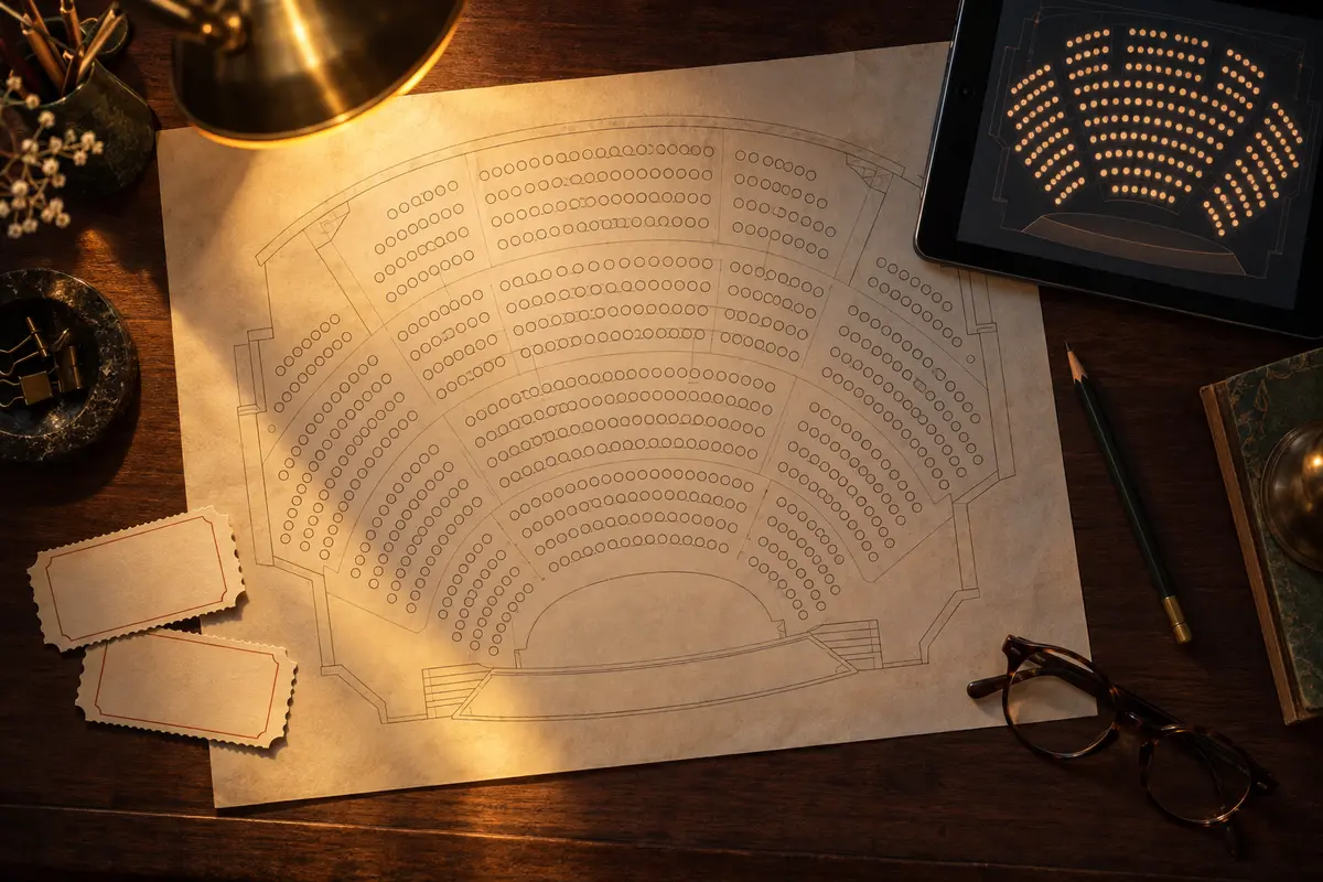 Top view of a box office desk: a printed seating chart, a tablet showing the same chart lit up, two vintage tickets, glasses and a pencil under a brass lamp