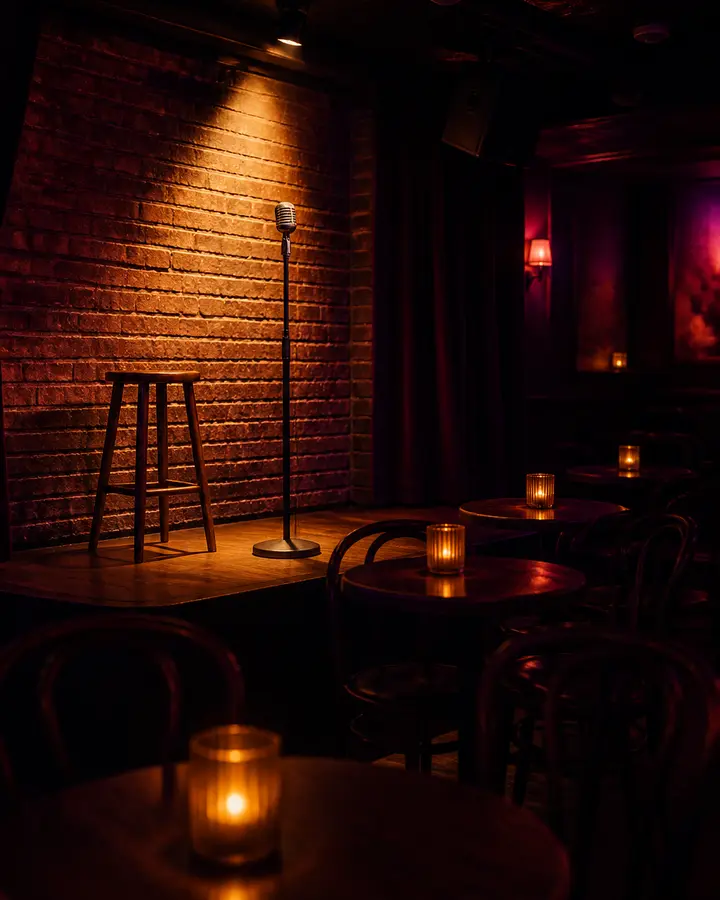 Intimate comedy club stage with a stool, a microphone and candlelit tables