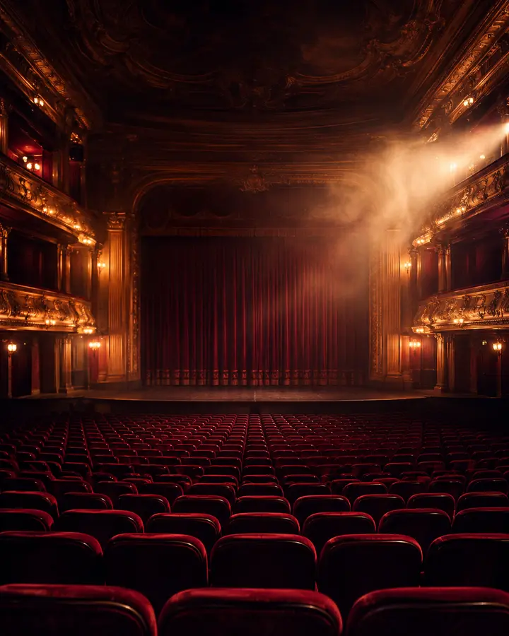 Empty live performance theatre with red velvet seats, warm house lights and a closed curtain