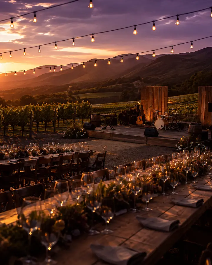 Winery terrace set for an evening concert among the vines under string lights